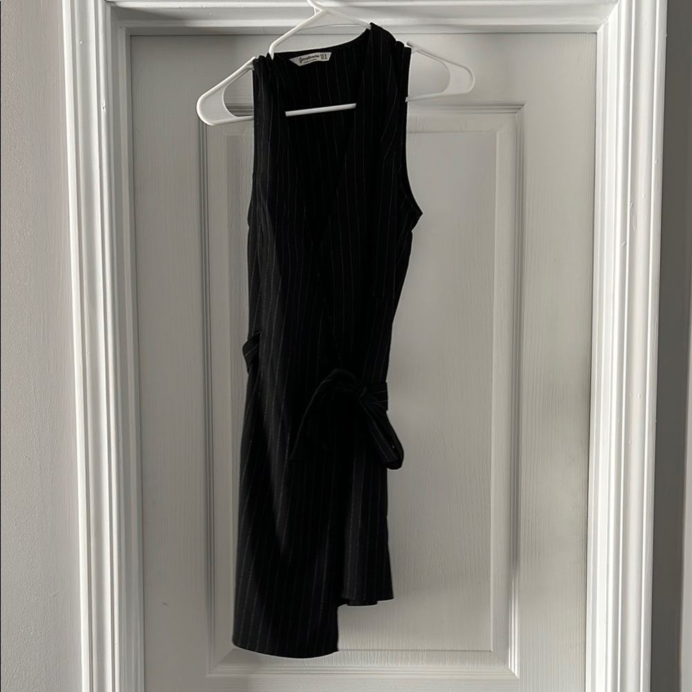 stradivarius Black Pinstripe Wrap Mini Dress